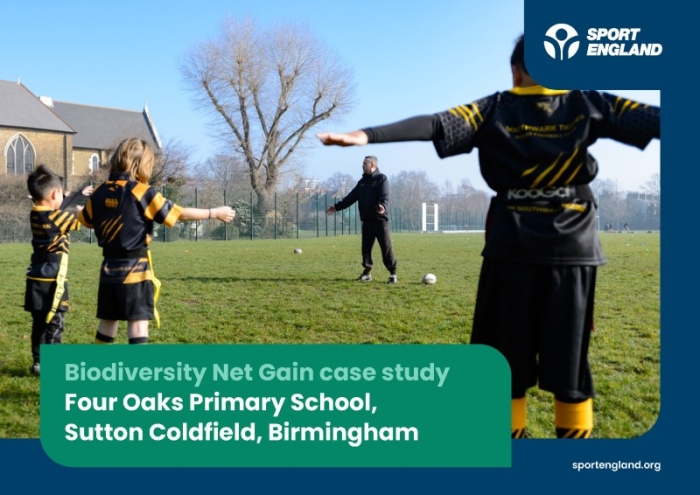 Front cover of a biodiversity net gain case study document on Four Oaks Primary School, featuring children in team kits being coached on a field.