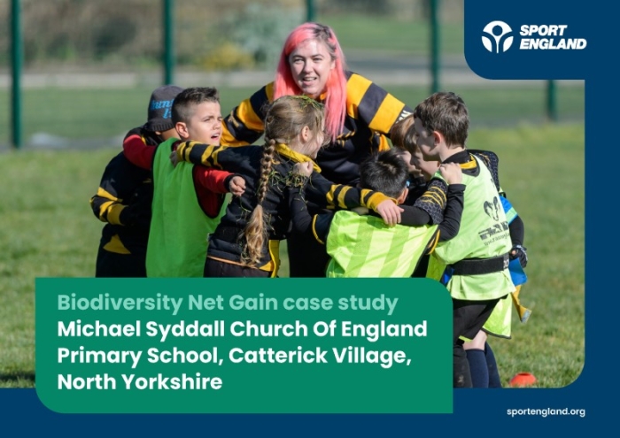 Front cover of a biodiversity net gain case study document on Michael Syddall Church of England Primary School, featuring young rugby players in a huddle with their coach.