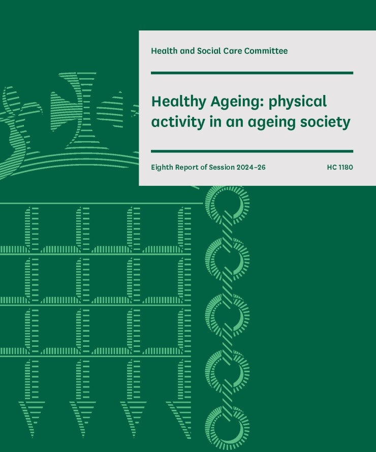Front cover of a Health and Social Care Committee report entitled 'Healthy Ageing: physical activity in an ageing society', featuring the crowned portcullis in the background of the design.